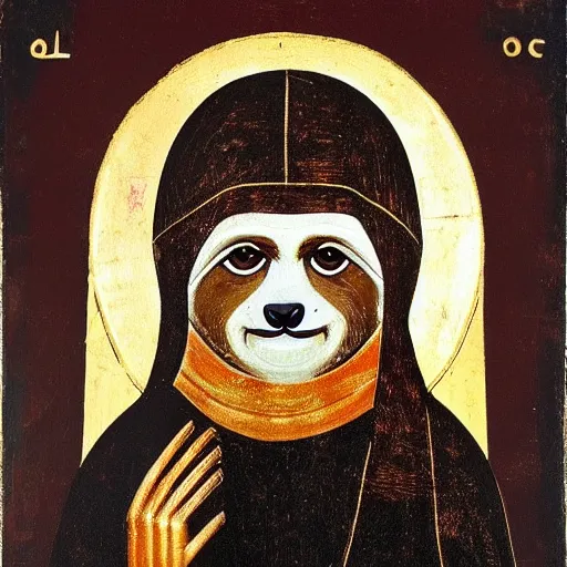 Image similar to animal sloth, face of a sloth, portrait, ancient byzantine icon, roman catholic icon, saintly, orthodox