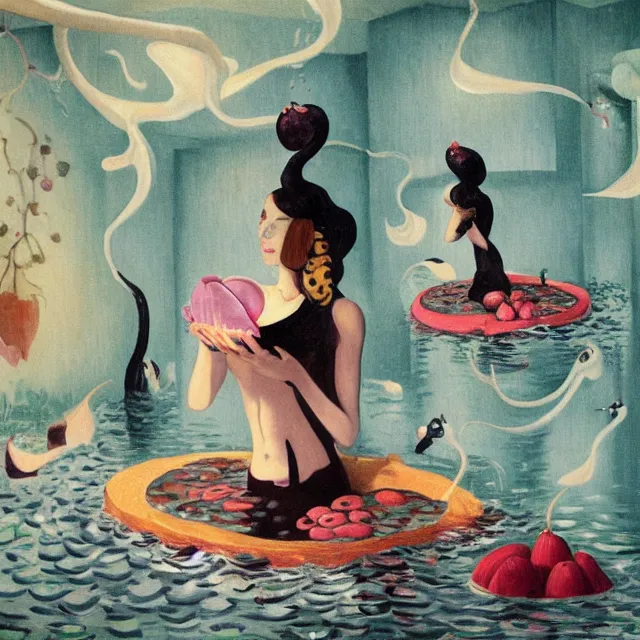 Image similar to tall female catgirl artist holding berry pancakes in her flooded apartment, pomegranates, octopus, water gushing from ceiling, painting of flood waters inside an artist's apartment, a river flooding indoors, mushrooms, ikebana, zen, rapids, waterfall, black swans, canoe, berries, acrylic on canvas, surrealist, by magritte and monet