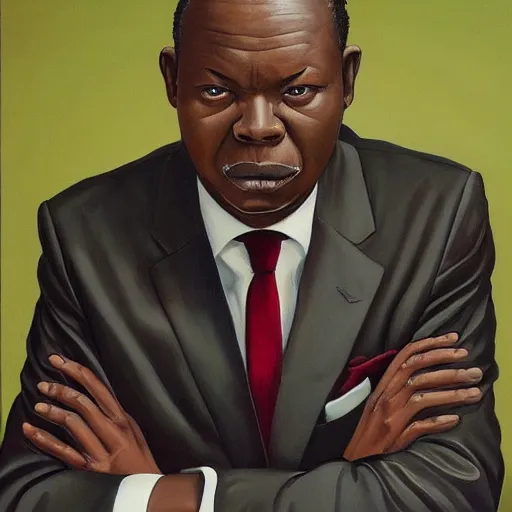 Image similar to a painting of a wide forehead, round face, XXL , smirky, fatherly, loving, caring, generous, ever-present, humble, wise elder from Kenya in a suit by Kehinde Wiley . Fatherly/daddy, focused, loving, leader, relaxed,. ethereal lights, details, smooth, sharp focus, illustration, realistic, cinematic, artstation, award winning, rgb , unreal engine, octane render, cinematic light, macro, depth of field, blur, red light and clouds from the back, highly detailed epic cinematic concept art CG render made in Maya, Blender and Photoshop, octane render, excellent composition, dynamic dramatic cinematic lighting, aesthetic, very inspirational, arthouse.