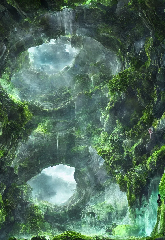 Prompt: an explorer lookup up at a giant portal made of green marble, deep underground waterfalls, beautiful matte painting, ultra detailed, 8 k render