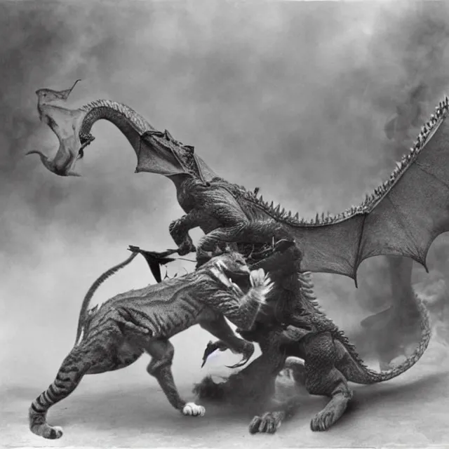 Image similar to silver gelatin photograph of a cat attacking a dragon, london 1 9 1 2