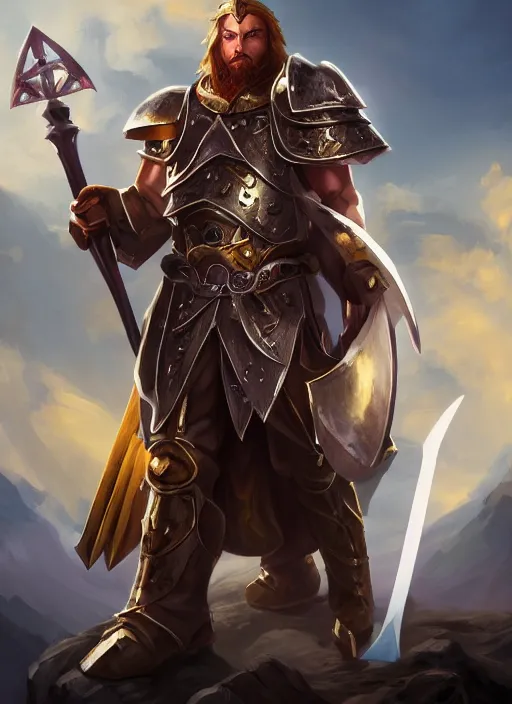 Image similar to fantasy holy paladin wielding a warhammer, dnd character portrait, full body, dnd, rpg, lotr game design fanart by concept art, behance hd, artstation, deviantart, global illumination radiating a glowing aura global illumination ray tracing hdr render in unreal engine 5