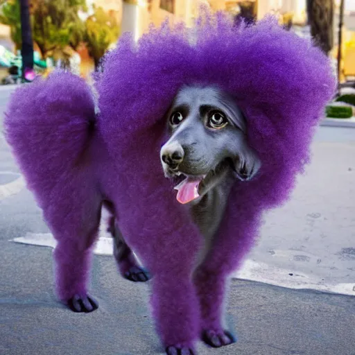 Prompt: a graffiti art of a purple dog with afro hair in the streets of los angeles, hd, 8 k, hyper realistic, hyper detailed,