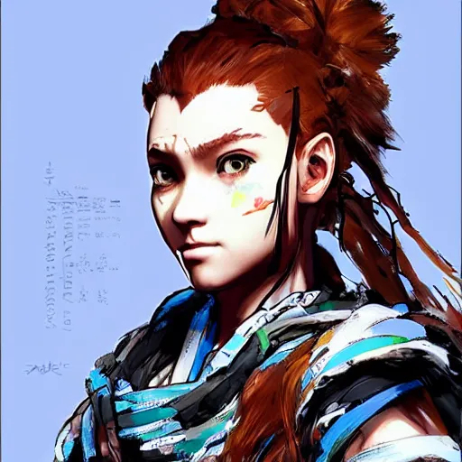 Image similar to portrait of aloy from horizon zero dawn, yoji shinkawa