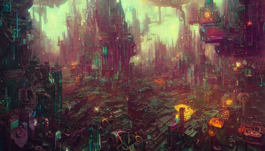 Prompt: psychedelic cyberpunk scifi vast detailed city endless vastness and gigantic size and detail, very dark and abandoned, only dark colours, allegorical style, by peter mohrbacher, jeremy mann, francoise nielly, van gogh, ross tran, beautiful, award winning scenery