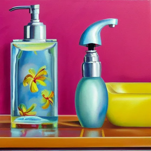 Image similar to a colorful painting of a faucet and soap dispenser, an airbrush painting by janet fish trending on artstation, ( ( ( hyper realism ) ) ), oil on canvas, detailed painting