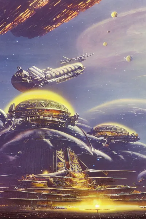 Prompt: a massive!! human colony spaceship large enough for thousands of people, beautiful space nebula background, sf, sci fi oil painting by bruce pennington and charles moll, photorealistic, volumetric lighting, intricate details