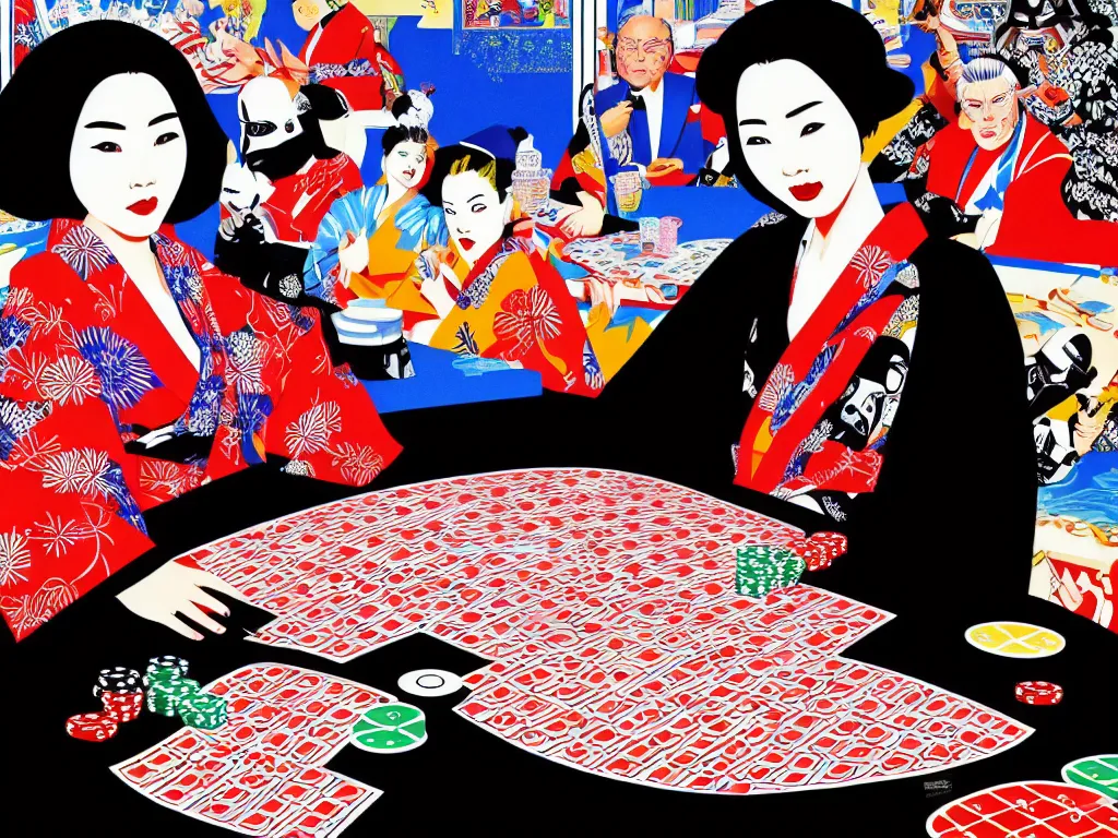 Image similar to hyperrealistim composition of the detailed single woman in a japanese kimono sitting at a extremely detailed poker table with darth vader, fireworks, river on the background, pop - art style, jacky tsai style, andy warhol style, acrylic on canvas