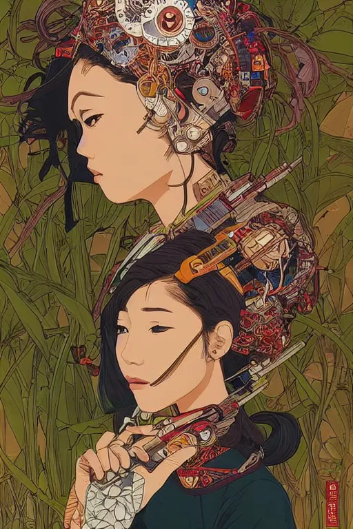 Image similar to beautiful cyborg portrait girl female illustration detailed patterns art of thai traditional dress, pop art, splash painting, art by geof darrow, ashley wood, alphonse mucha, makoto shinkai