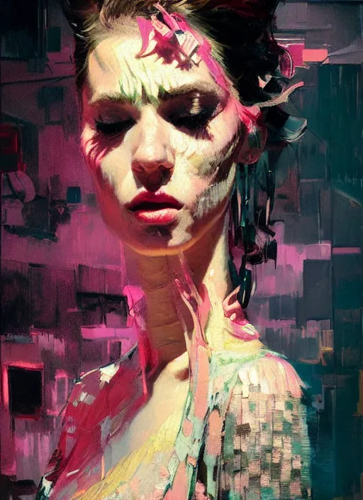 Image similar to nightclub portrait of a beautiful girl, ecstatic dancing, eyes closed, shades of pink, beautiful face, rule of thirds, intricate outfit, spotlight, by greg rutkowski, by jeremy mann, by francoise nielly, by van gogh, digital painting