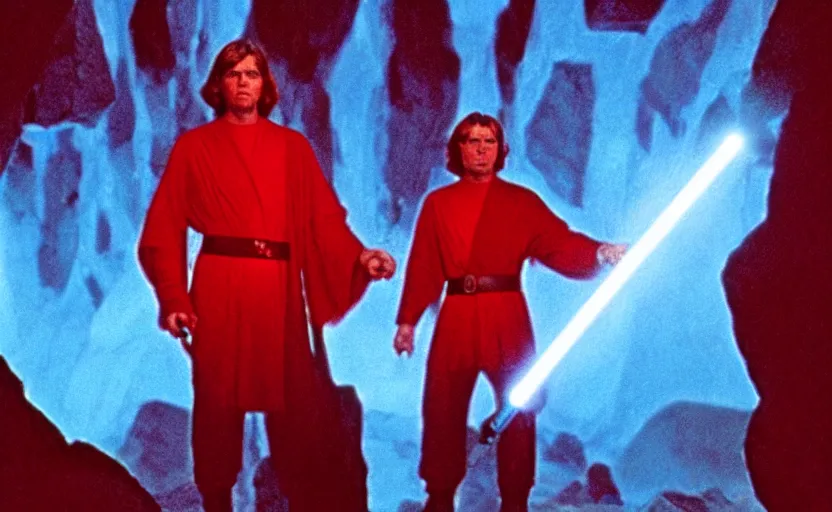 Prompt: screenshot of a crystal cave red gemstones, jedi master Luke Skywalker stands in the center of the red cave with his blue lightsaber, iconic scene from the 1970s thriller film directed by Stanely Kubrick film, color kodak, ektochrome, anamorphic lenses, detailed faces, moody cinematography