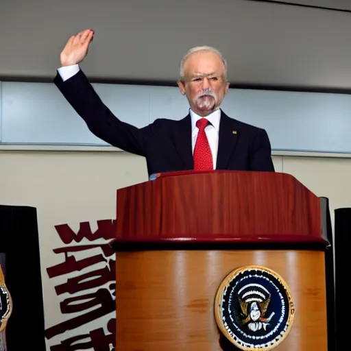 Image similar to marionette president in a podium giving a press conference