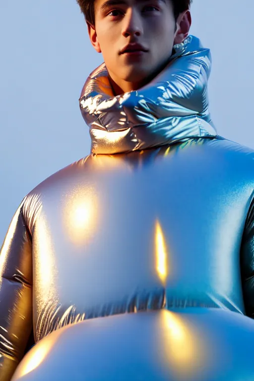 Image similar to un ultra high definition studio quality photographic art portrait of a young man standing on the rooftop of a british apartment building wearing soft baggy inflatable padded silver iridescent pearlescent clothing. three point light. extremely detailed. golden ratio, ray tracing, volumetric light, shallow depth of field. set dressed.