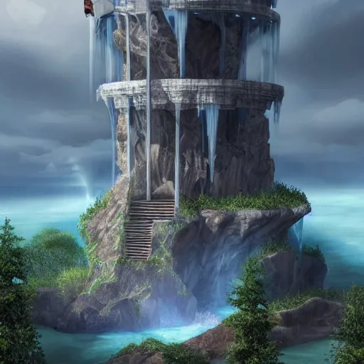 Prompt: Tower surrounded by a spiral staircase. Tower standing at the edge of a huge waterfall. Giant crystal on top of the tower. Detailed gorgeous digital art, trending on ArtStation