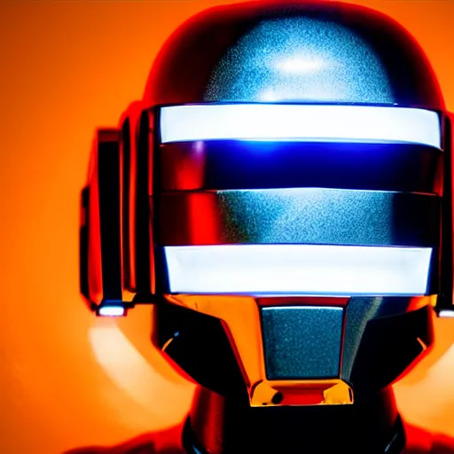 Prompt: daftpunk deluxe humanoid robots front head daftpunk curved screen displaying red glowing Error, his head shows a red glowing Error message, background dark, 40nm lens, shallow depth of field, split lighting, 4k,