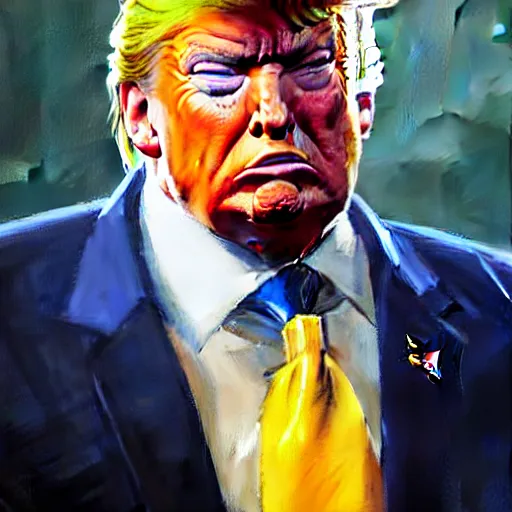 Image similar to greg manchess portrait painting of donald trump as overwatch character, medium shot, asymmetrical, profile picture, organic painting, sunny day, matte painting, bold shapes, hard edges, street art, trending on artstation, by huang guangjian and gil elvgren and sachin teng