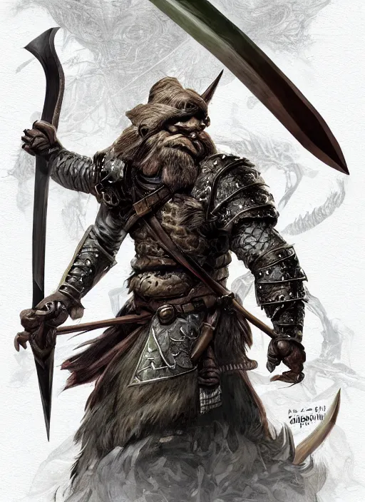 Image similar to strong young man, photorealistic bugbear ranger holding aflaming sword, black beard, dungeons and dragons, pathfinder, roleplaying game art, hunters gear, jeweled ornate leather and steel armour, concept art, character design on white background, by alan lee, norman rockwell, makoto shinkai, kim jung giu, poster art, game art