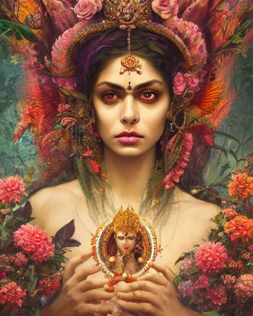 Image similar to portrait of the indian queen of the underworld, surrounded by flowers by karol bak, james jean, tom bagshaw, rococo, sharp focus, trending on artstation, cinematic lighting, hyper realism, octane render, 8 k, hyper detailed.