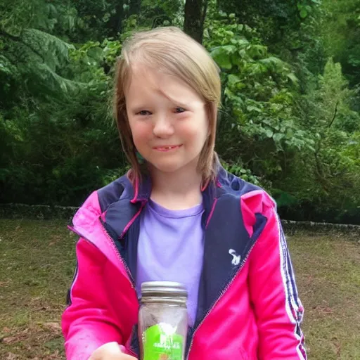 Image similar to charly with the racing jacket holding a jar of strawberry candy