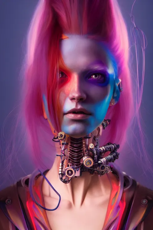 Image similar to a half body image of a beautiful young 28th century super cool post-human female wiht long colorful hair, barely human and largely biomechanical machine, hyper-realistic cyberpunk style, Peter Mohrbacher Takayuki Takeya moody, face by Yanjun Cheng, Irakli Nadar, dramatic cinematic lighting rendered by octane, 8k, detailed, intricate, clean and textures, trending on artstation, deviantart google images, pinterest