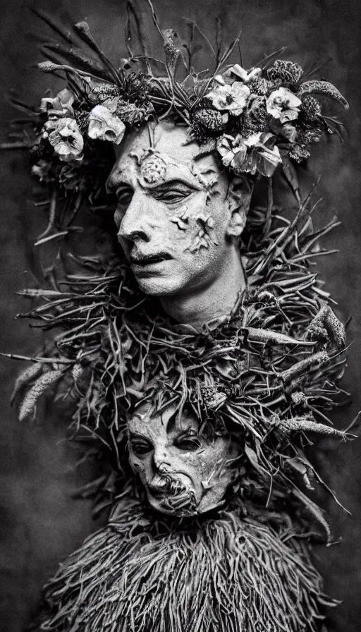 Image similar to portrait of a tyrolean folklore mask, wearing hay coat, with horns, eerie, flowers growing out of his body, detailed intricate insanely detailed octane render, 8k artistic 1920s photography, black and white, grainy, photorealistic, chiaroscuro, by David Cronenberg, Raphael, Caravaggio