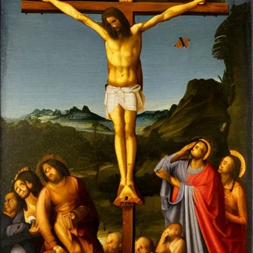 Image similar to Crucified Wasp on the Golgota, renaissance oil painting,