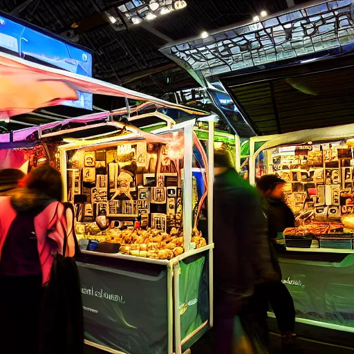 Prompt: a photograph of a market stall at a futuristic trade show in 2 0 5 5, cinematic, dslr