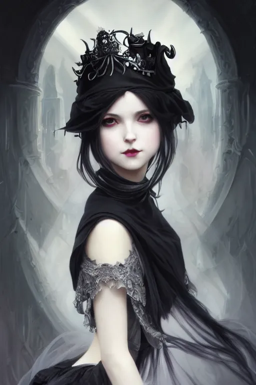 Prompt: portrait of radical lolita girl, dreamy and ethereal and dark, dark eyes, silver hair, smiling expression, ornate goth dress, dark fantasy, chaotic, elegant, black crows flying, highly detailed, digital painting, artstation, concept art, smooth, sharp focus, illustration, art by artgerm and greg rutkowski and alphonse mucha