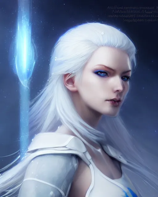 Image similar to perfect white haired girl, ethereal armor, beautiful, pretty face, blue eyes, detailed, windy weather, scifi, platform, laboratory, experiment, 4 k, ultra realistic, epic lighting, high detail, masterpiece, by akihito tsukushi, charlie bowater, ross tran