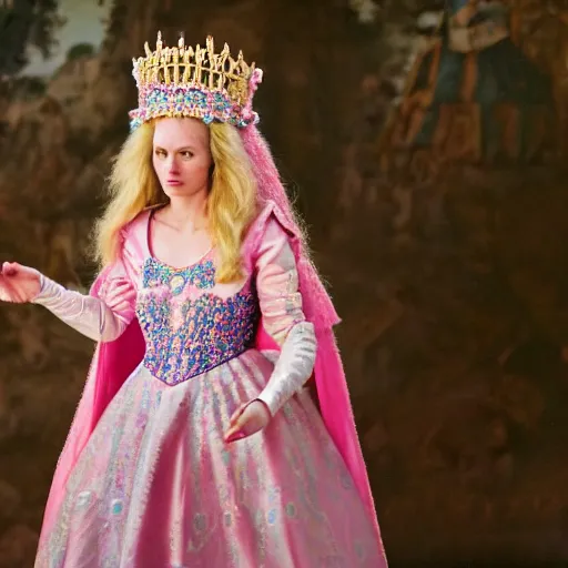 Image similar to an infallible princess with long blonde hair and blue eyes wearing a elaborately beaded pink dress and pink conical hennin, high resolution film still, live-action film by Simon Langton