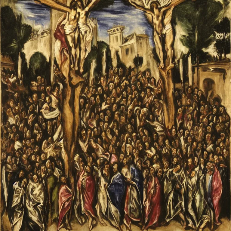 Prompt: A Holy Week procession in a lush Spanish village at night. A person at the front holds a cross. El Greco.