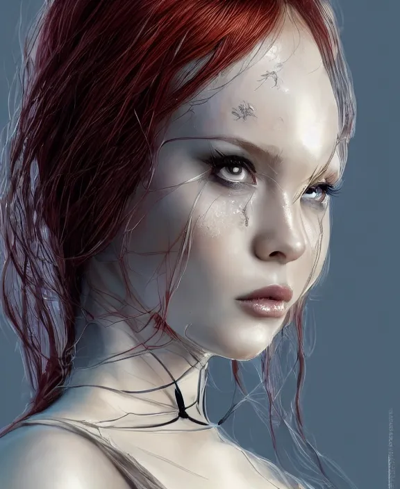 Image similar to a highly detailed portrait of a readhead, intricate latex set, spider, honey birdette, shibari, realistic portrait, deep focus, matte, digital painting, artstation, concept art, smooth, matte, sharp focus, cinematic lighting, art by artgerm and nobuyoshi araki and bianca beauchamp, francisco martan