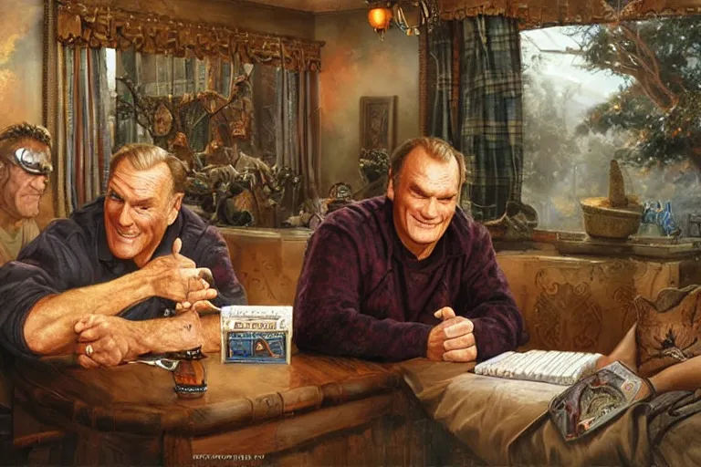 Prompt: portrait of jerry van dyke and craig t nelson planning football, an oil painting by ross tran and thomas kincade