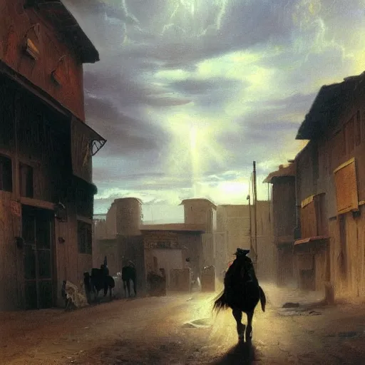 Image similar to oil painting of cowboy in dusty street in western town, storm clouds, sunrays, very very very very very beautiful bright art, american romanticism by goya, colorful masterpiece, realistic and detailed