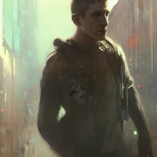 Image similar to bo burnham, hyperrealistic portrait, bladerunner street, art of elysium by jeremy mann and alphonse mucha, fantasy art, photo realistic, dynamic lighting, artstation, poster, volumetric lighting, very detailed face, 4 k, award winning