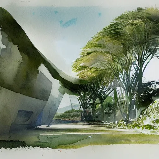 Prompt: watercolor sketch of organic rectangular architecture concept, sea, by greg rutkowski, renzo piano, sketche, villa, people, beach, artistic, ecology, green.