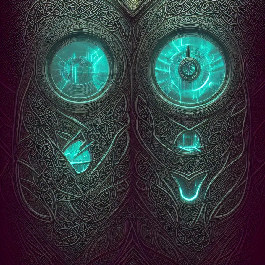 Image similar to texture with celtic neon retrowave decorative pattern, artstation, illustration, highly detailed, art by artgerm and greg rutkowski, symmetrical, dark art, old vhs tape