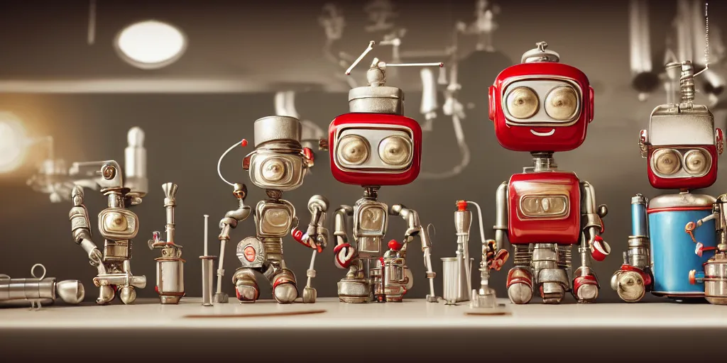 Prompt: closeup portrait of tin toy retro robot scientists in a kitchen, cooking pastry with flasks, depth of field, zeiss lens, detailed, centered, fashion photoshoot, by nicoletta ceccoli, mark ryden, lostfish, breathtaking, 8 k resolution, extremely detailed, beautiful, establishing shot, artistic, hyperrealistic, octane render
