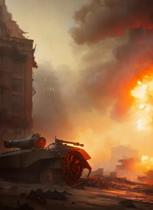 Image similar to A Tank firing his gun to a building causing it to collapse and explode, Battlefield 1, extremely detailed digital painting, in the style of Fenghua Zhong and Ruan Jia and jeremy lipking and Peter Mohrbacher, mystical colors, rim light, beautiful Lighting, 8k, stunning scene, raytracing, octane, trending on artstation