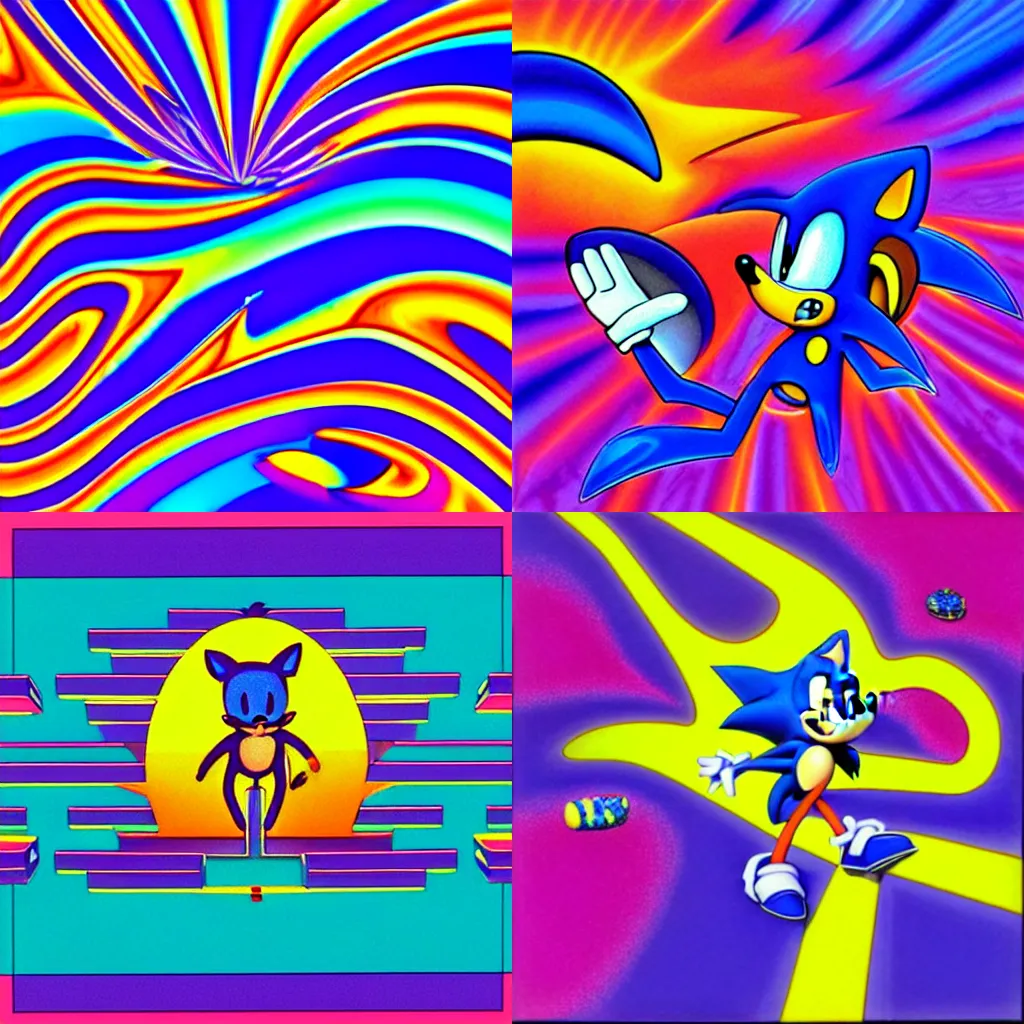 Prompt: in a recursive surreal, sharp, detailed professional, high quality airbrush art sonic the hedgehog MGMT tame impala album cover of a liquid dissolving LSD DMT sonic the hedgehog surfing through cyberspace, purple checkerboard background, 1990s 1992 Sega Genesis video game album cover,