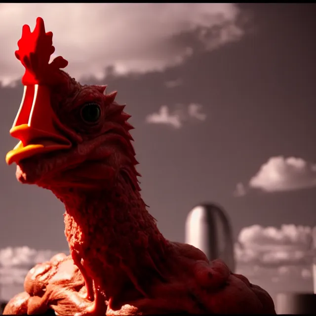 Prompt: giant grotesque horrible chicken - human - hybrids failed experiment by super villain mad scientist full cinematic scene, 4 k