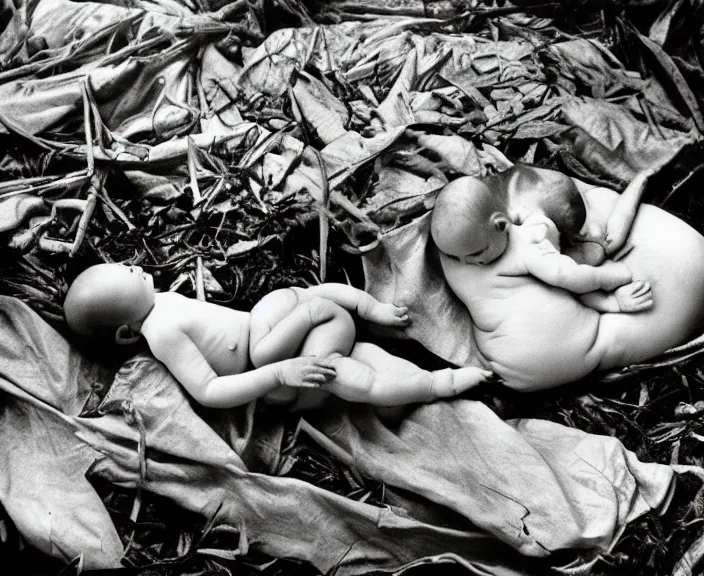 Prompt: the cyclical theory of becoming and dissolution and interdependence between the world of nature and human events by Anne Geddes, Henri Cartier-Bresson.