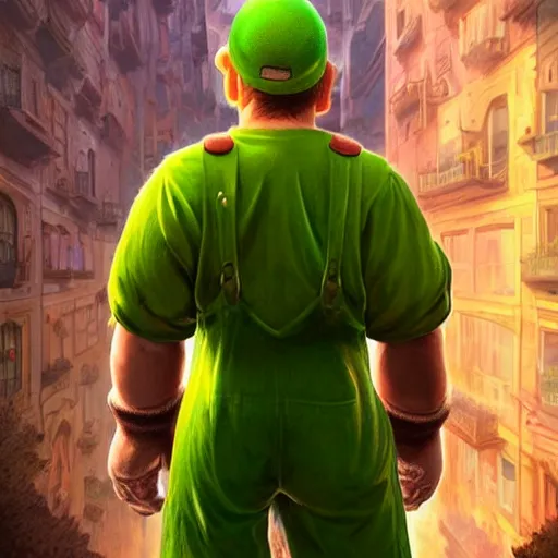 Prompt: professional fantasy art of new mario brother in green overalls, long thin drooping mustache, and sad face, professional art, matte painting, zdislaw beksinski, volumetric lighting, unreal engine 5, very detailed art, 4 k, artstation, poster art, high detail, beautiful lighting