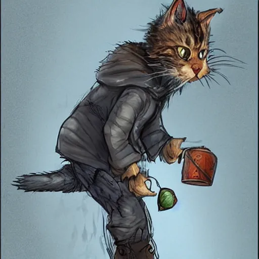 Prompt: humanoid homeless cat, holding hobo bindle, concept art, d & d, fantasy