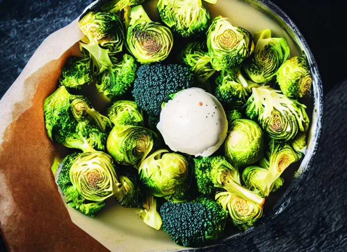 Image similar to dslr food photograph of broccoli and brussel sprout ice cream, 8 5 mm f 1. 8