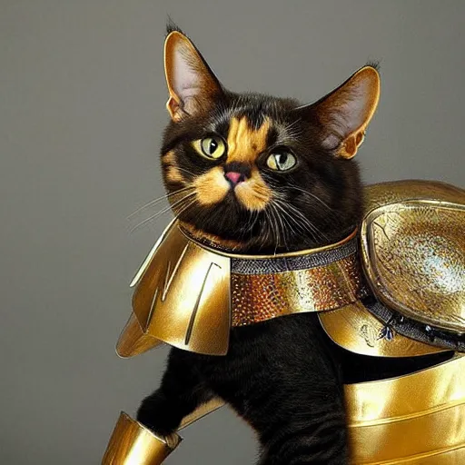 Prompt: a cat wearing realistic complete samurai armor, golden armaments,
