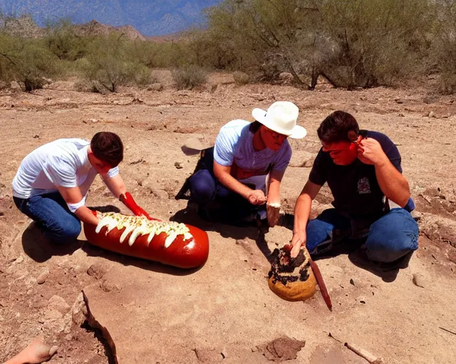 Prompt: archeologists finding a giant hot dog in the ground, amazing desert mountains, award winning photograph