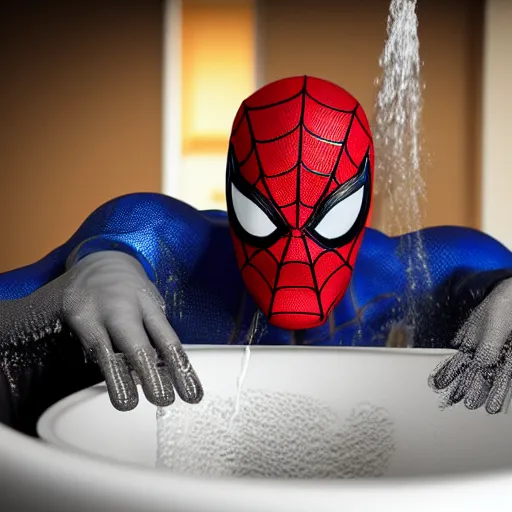 Image similar to spider-man cleaning the sink with a sponge, 4k realistic photo