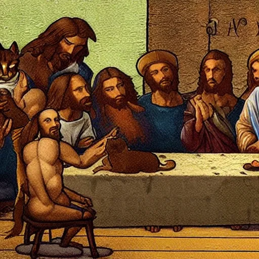 Image similar to jesus and some cats trade pokemon cards in davinci's last supper