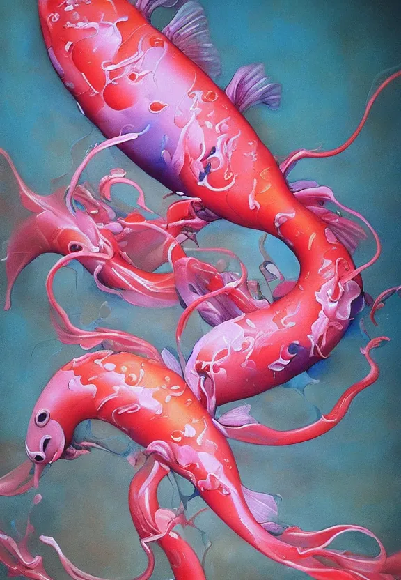 Prompt: a biomorphic painting of a koi, flower, surrealist painting by krenz cushart and dorothea tanning, pastel blues and pinks, melting, plastic, featured on artstation, tentacles, pink bees, metaphysical painting, oil on canvas, fluid acrylic pour art, airbrush art, concept art hyper realistic, rococo, lovecraftian